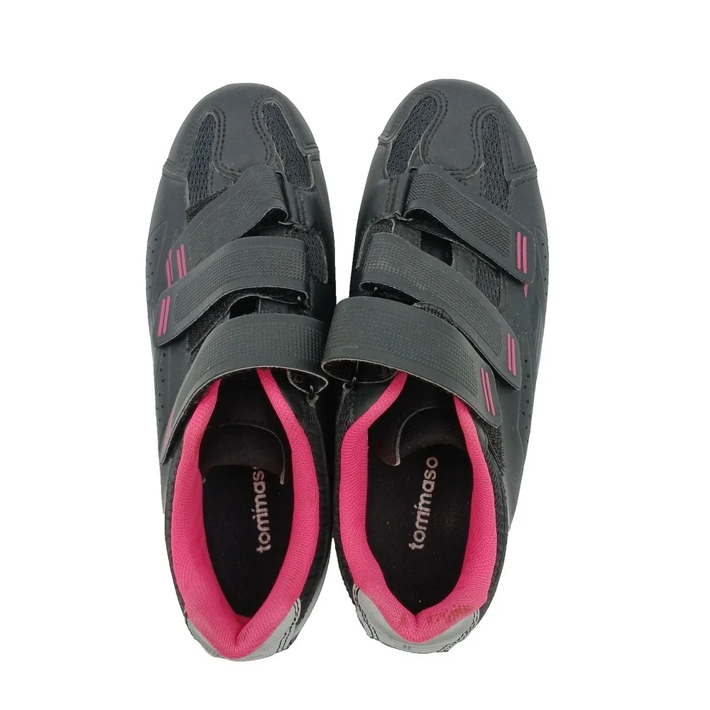 Womens 7.5 Tommaso Pista 100 Road Cycling Shoes Black Pink Adjustable Hook Loop‎